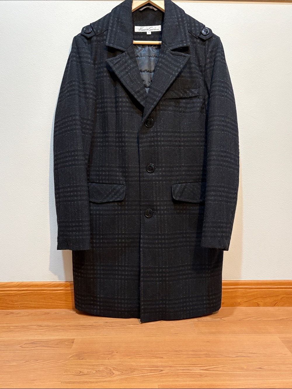 Kenneth Cole Dark Gray Plaid Wool-Blend OverCoat